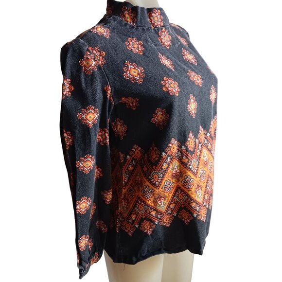 Vintage Medium 1970's Top 1OF1 High-Neck Blouse Zip Back & Geometric Pattern - Picture 3 of 8